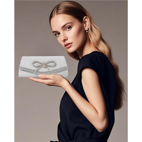 SH Glitter Clutch Purses for Women Elegant Bow Evening Bag Dressy Wedding - Picture 2 of 7